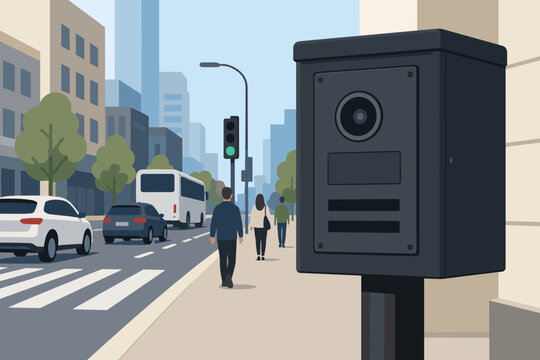 Traffic speed camera on city street sidewalk monitors passing cars and pedestrians walking past modern buildings in a flat vector illustration style