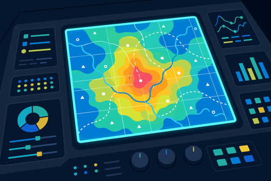 Futuristic digital control panel with radar screen displaying a colorful topographic heat map alongside various data visualization charts, graphs, and control knobs for monitoring