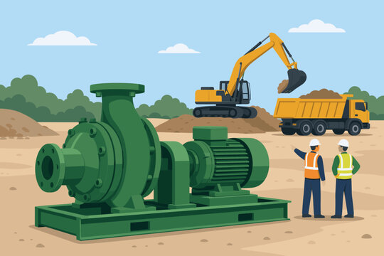 Large green industrial water pump and motor assembly situated on a busy construction site where two engineers discuss the installation process while heavy machinery moves earth