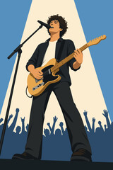 Fototapeta premium Male musician playing electric guitar and singing into a microphone during a live concert performance on stage with a crowd cheering in the spotlight