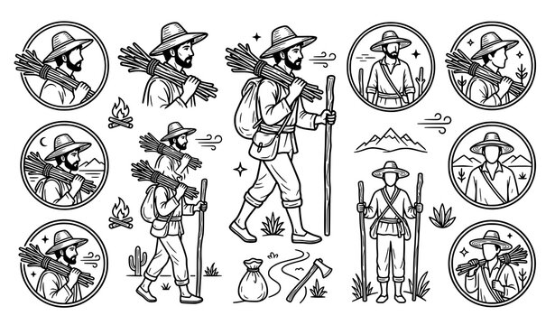 Black and white line art illustrations of a man with a hat carrying sticks