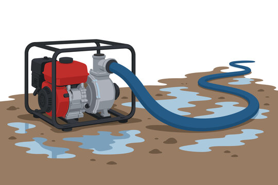 Portable gasoline engine water pump with hose draining water from muddy ground, vector illustration of industrial pumping equipment