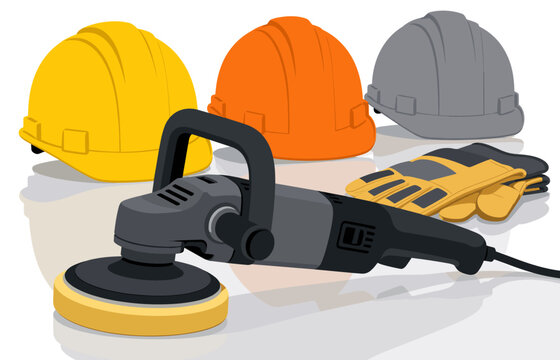 Electric car polisher rotary buffer machine standing alongside colorful safety hard hats and protective leather work gloves for industrial detailing