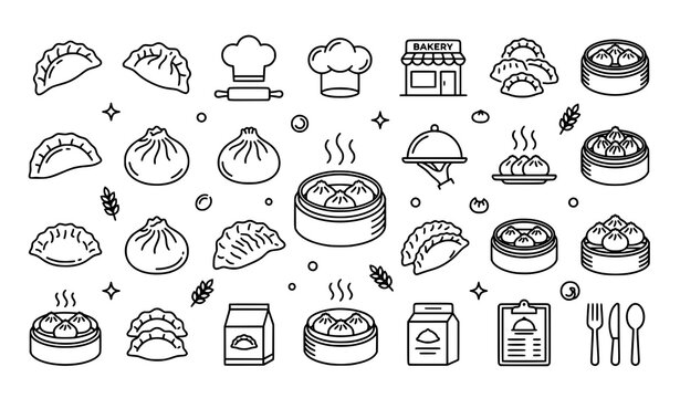 Dumpling and bakery line icons set including steamed buns kitchen utensils and food delivery