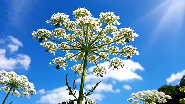 White cow parsnip flowers against bright blue sky.