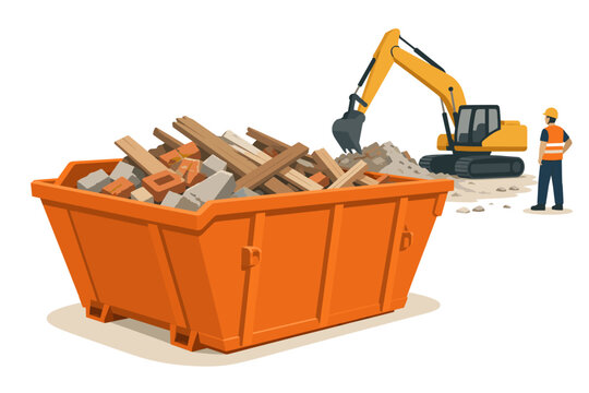 Orange construction waste skip filled with rubble, featuring a yellow excavator and a construction worker managing debris removal on a building site vector illustration
