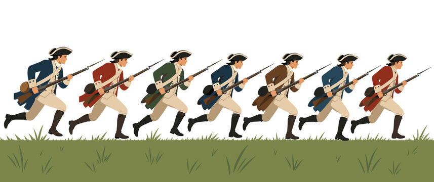 American revolutionary war soldiers running with muskets in historical military uniforms during a battle charge, depicted in a flat vector illustration style