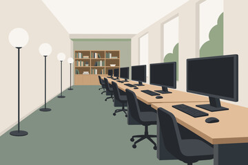 Fototapeta premium Modern computer lab with rows of desks, desktop computers, office chairs, and floor lamps in a clean workspace illustration