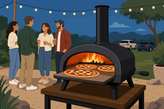 Portable outdoor pizza oven baking fresh pizzas during a backyard party with friends socializing under string lights at night