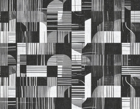 Seamless black and white brutalist shapes pattern pencil effect