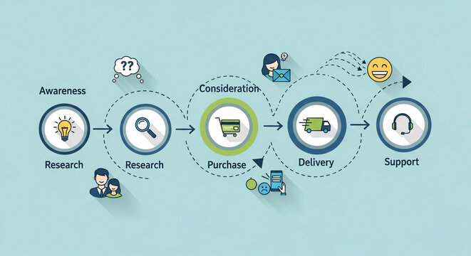 Customer journey map infographic illustrating sales funnel process. Business strategy for customer experience from awareness to support.