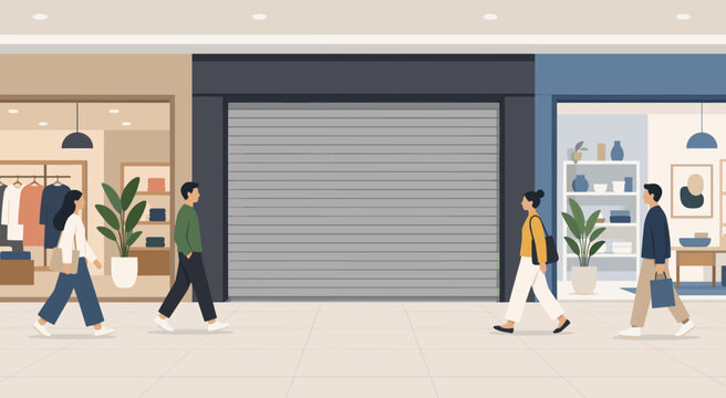 Closed storefront with metal roller shutter door in a modern shopping mall corridor with people walking past open retail boutiques
