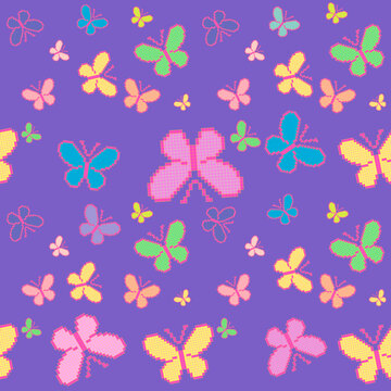 Seamless pattern featuring bright, style pixel butterflies on purple background. Vector illustration in variety of colors &mdash; pink, yellow, green, blue