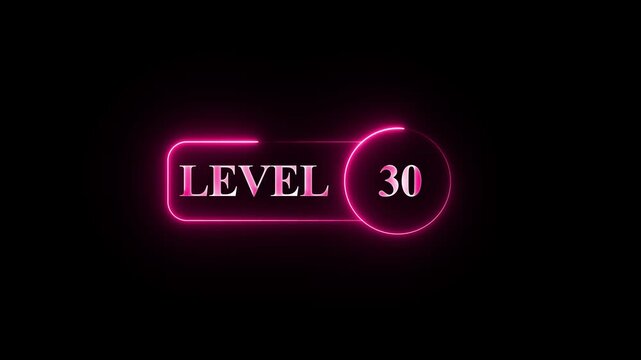 Level 30 neon glowing animation on black background motion graphic video with pink and purple gradient colors, modern design element for games and achievements
