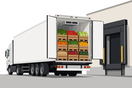 Refrigerated delivery truck loaded with fresh vegetables parked at a warehouse loading dock for food distribution and logistics