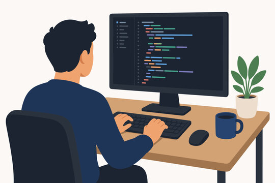 A programmer writing code on a computer at his desk with a keyboard, mouse, coffee mug, and potted plant, representing software development, IT engineering, and remote work