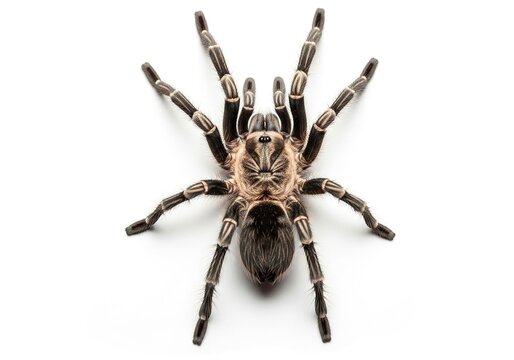 Closeup of a large tarantula spider with brown and black striped legs isolated on white background