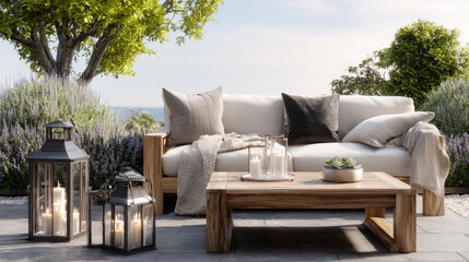 Obraz premium Modern outdoor living area providing a tranquil escape with contemporary wooden sofa and armchair, a stylish table, lush green plants, and an expansive horizon view
