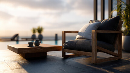 Obraz premium Contemporary outdoor lounge on a concrete terrace with minimalist sofa and wooden coffee table, infinity pool and panoramic hazy mountain view for serene luxury relaxation