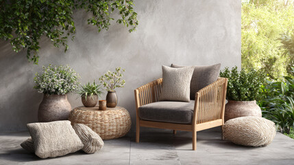 Obraz premium Outdoor living room on a modern balcony or patio, creating a comfortable and inviting lounge zone, enjoying the urban cityscape view and natural elements