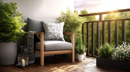 Obraz premium Spacious apartment balcony with modern daybed, lush plants and wooden deck overlooking panoramic city skyline under clear blue sky for serene, luxurious urban relaxation