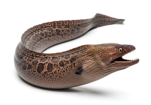 Closeup of a moray eel with its mouth open, showing sharp teeth, isolated on white background