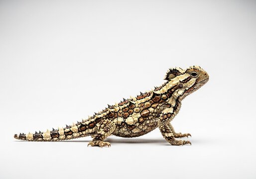 Thorny devil lizard, also known as moloch horridus, standing in profile view, showcasing its unique spiky armor and camouflage, isolated on white background