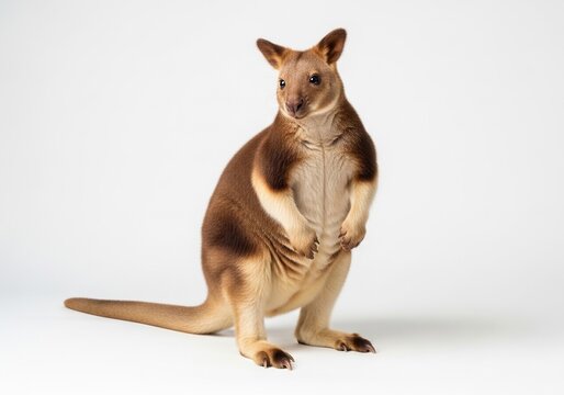 A fullbody studio portrait of a matschies treekangaroo standing upright, isolated on white background