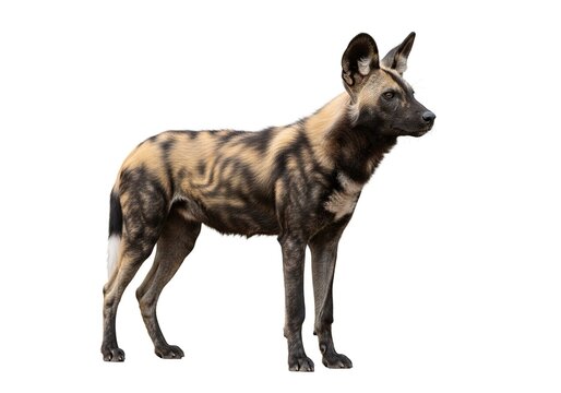 African wild dog, lycaon pictus, also known as the painted dog, standing in profile, isolated on white background