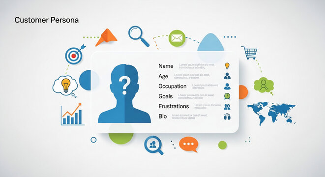 Digital customer persona concept illustrating user profile, demographics, goals, and frustrations for market research and business strategy.