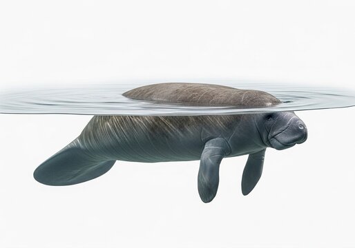 Manatee swimming near the surface of the water, isolated on white background