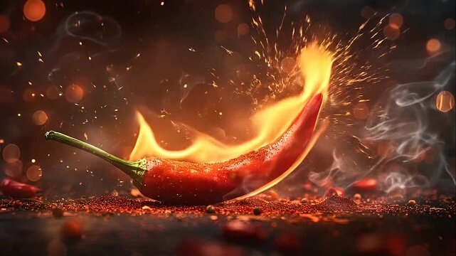 Red chili pepper on fire with swirling smoke and sparks against a dark bokeh background