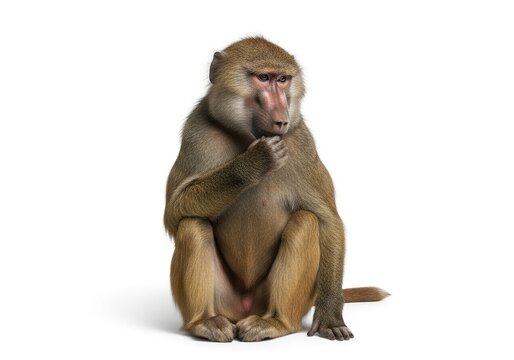 A guinea baboon sitting and looking thoughtful, isolated on white background