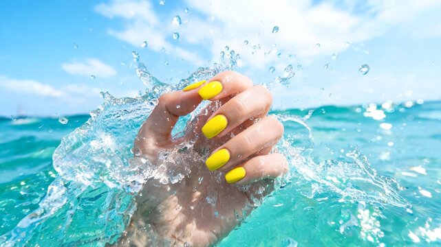 Close-up of a hand with vibrant yellow summer nails splashing through refreshing turquoise ocean water under a bright blue sky.