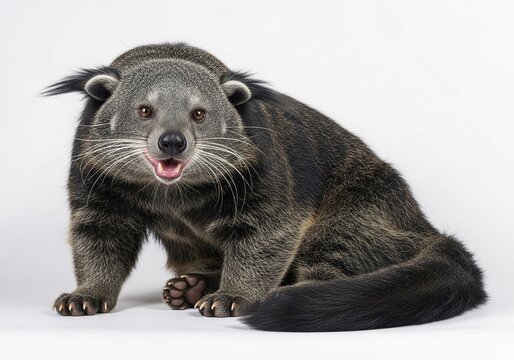 Binturong, also known as a bearcat, sitting and looking at the camera, isolated on white background
