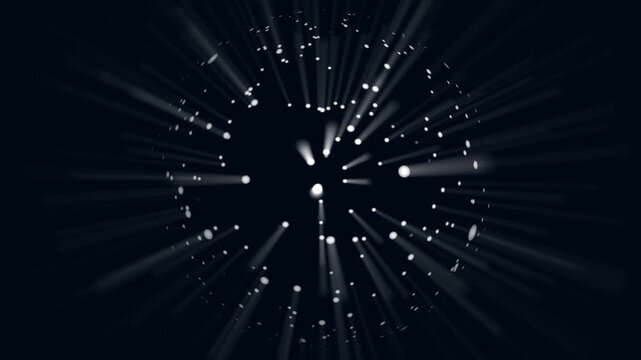 Exploding pixel sphere background with glowing white particles shooting outward from a luminous core across deep navy space, dynamic abstract motion graphic for sci fi titles and vj loops