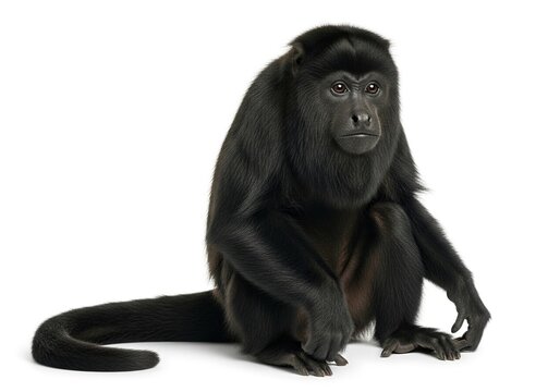 A black howler monkey sitting on the ground, isolated on white background