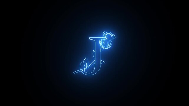 Neon blue letter J animation with elegant glowing rose flower design against black background for cinematic projects