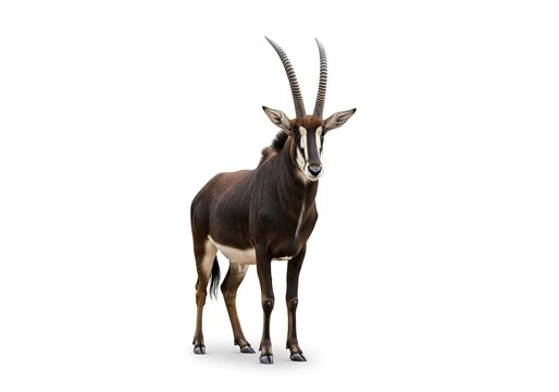 Fulllength portrait of a majestic sable antelope standing, showcasing its dark coat, curved horns, and distinctive facial markings, isolated on white background