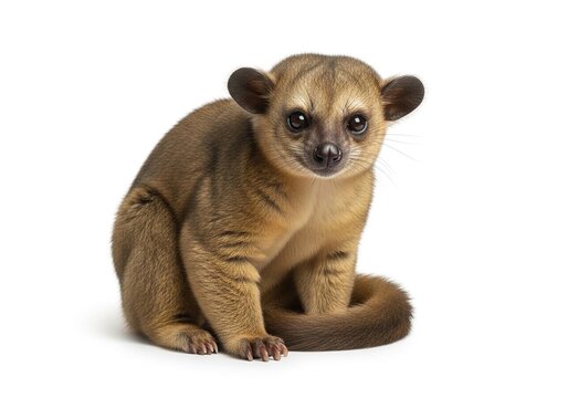 A cute kinkajou, potos flavus, sitting and looking at the camera, isolated on white background
