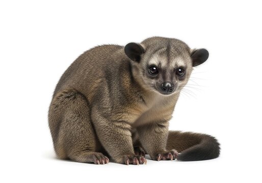 Kinkajou, potos flavus, also known as honey bear, sitting and looking at the camera, isolated on white background