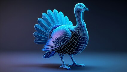 Fototapeta premium 3D wireframe model of a turkey with detailed feathers and body structure, illuminated against a dark background showcasing a modern design aesthetic