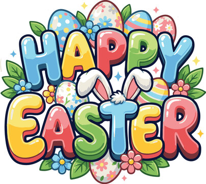 Happy Easter lettering, colorful bubble font vector, cute bunny ears typography, spring holiday greeting sticker, festive isolated text graphic, pastel easter egg decoration, kids holiday celebration 