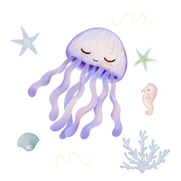  Jellyfish,Starfish Sea horse, Sellfish Seaweed and Coral fish under the sea