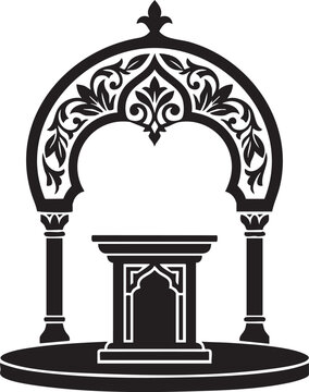 Arched doorway silhouette with floral ornament black on white background