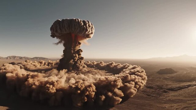 Explosive mushroom cloud rises dramatically over arid landscape, showcasing the progression of a nuclear explosion with dust and debris dispersing into the atmosphere