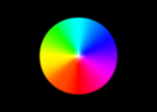 Rainbow circle radial gradient isolated on black background. Vibrant spectrum color wheel with full hues range. Round RGB palette. Vector illustration