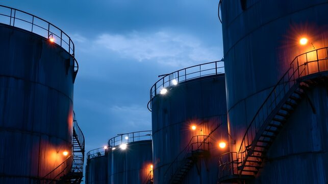 A heavy duty oil tank is dramatically lit highlighting the mechanical texture and industrial ambience of the metal structure