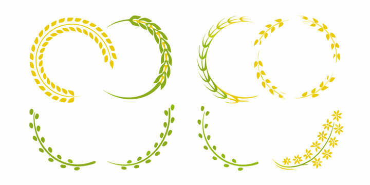 Wheat and rice ear wreaths four circular vector arrangements