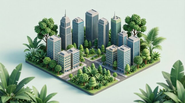 Isometric city block with green spaces and trees model